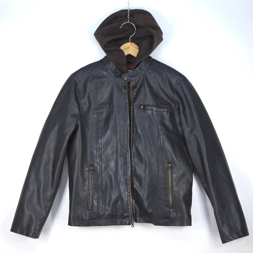 Levi's‎ Hooded Faux Leather Jacket Men's Biker Brown Quilted Layered Grunge FLAW